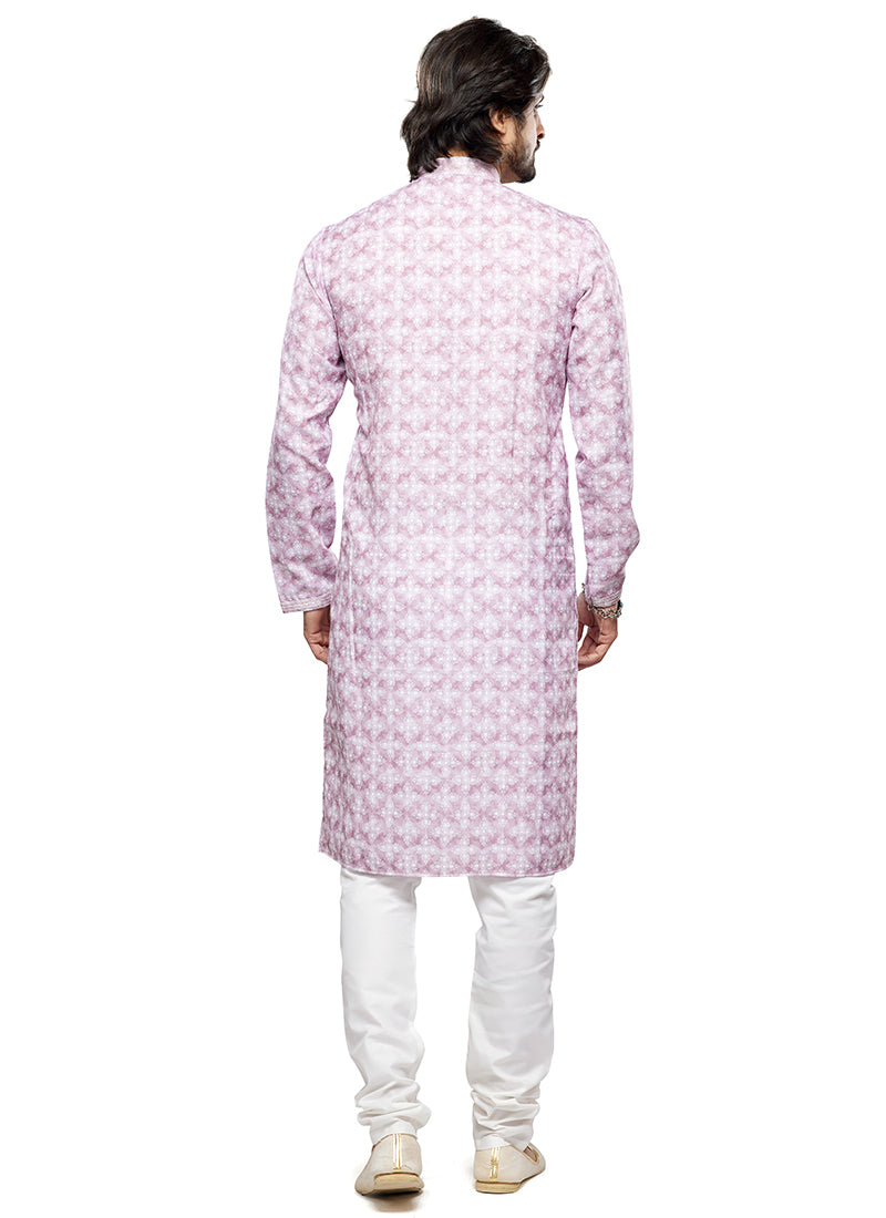 Light Pink Cotton Party Wear Thread Work Readymade Mens Kurta Pajama 338255