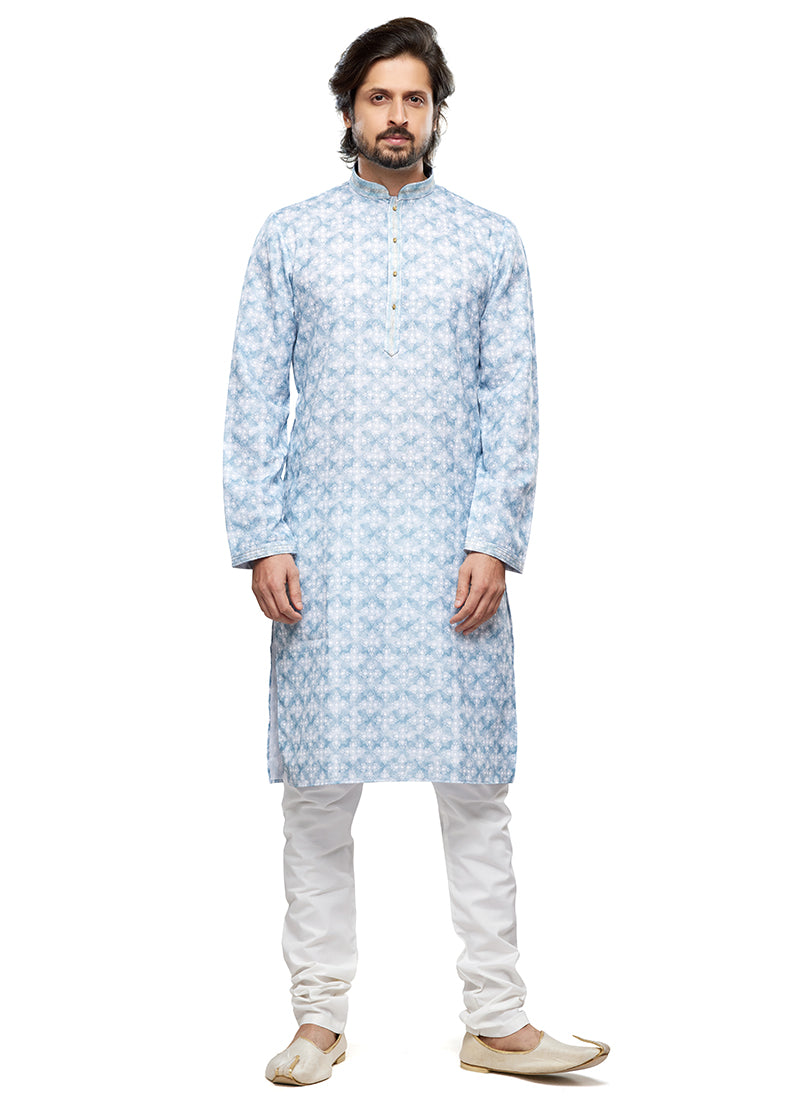 Sky Blue Cotton Party Wear Thread Work Readymade Mens Kurta Pajama 338256