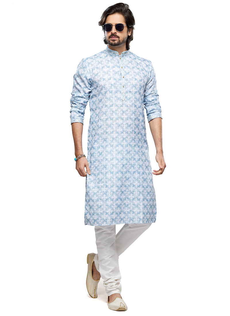 Sky Blue Cotton Party Wear Thread Work Readymade Mens Kurta Pajama 338256