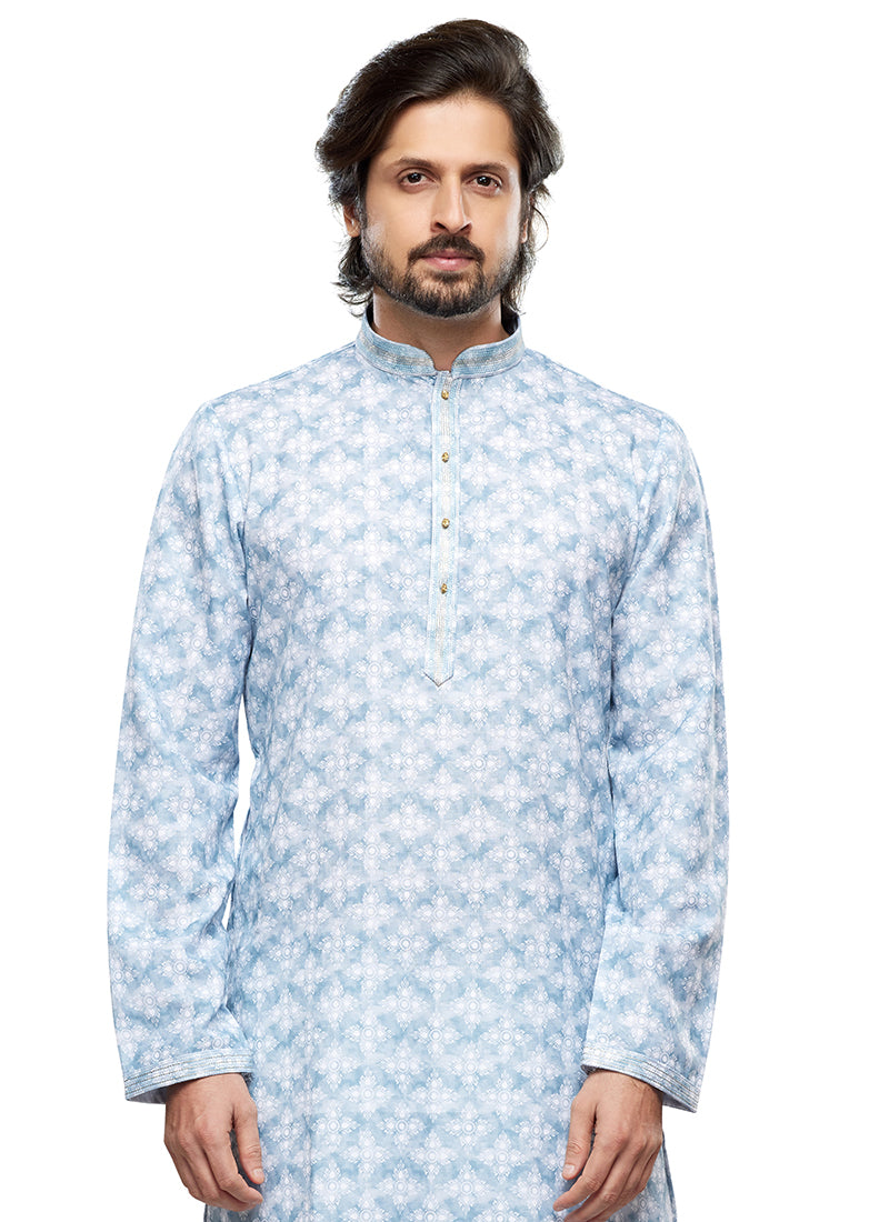Sky Blue Cotton Party Wear Thread Work Readymade Mens Kurta Pajama 338256