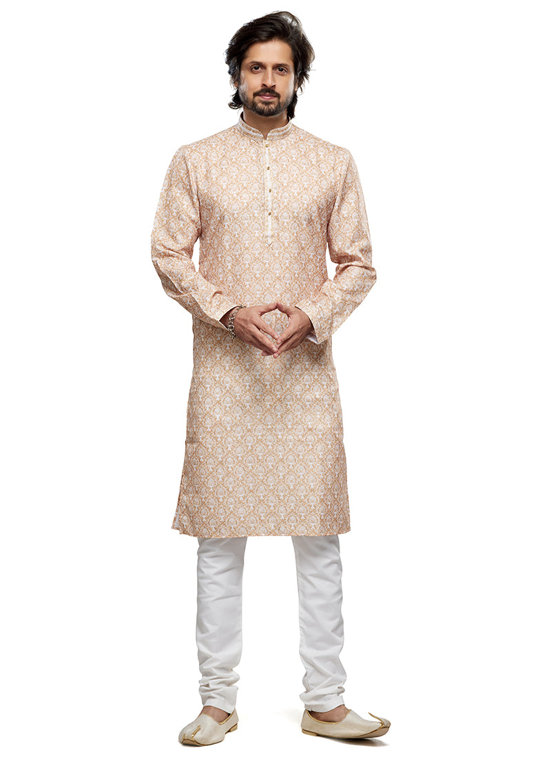 Yellow Cotton Party Wear Thread Work Readymade Mens Kurta Pajama 338257