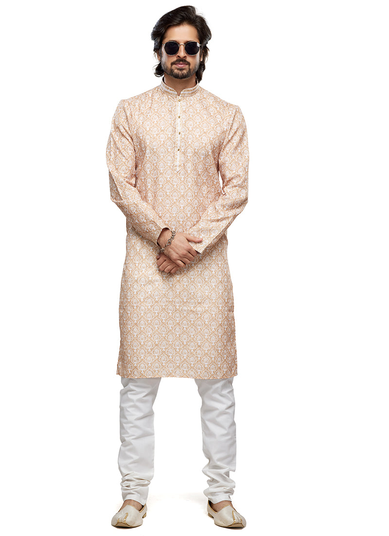 Yellow Cotton Party Wear Thread Work Readymade Mens Kurta Pajama 338257