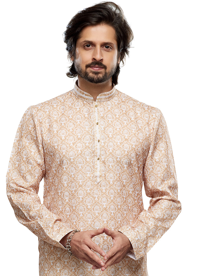 Yellow Cotton Party Wear Thread Work Readymade Mens Kurta Pajama 338257