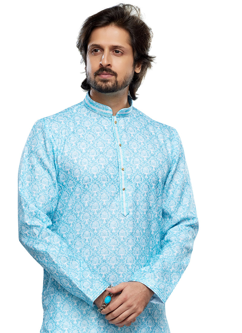 Sky Blue Cotton Party Wear Thread Work Readymade Mens Kurta Pajama 338258