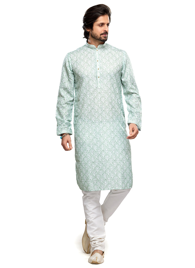 Light Green Cotton Party Wear Thread Work Readymade Mens Kurta Pajama 338259