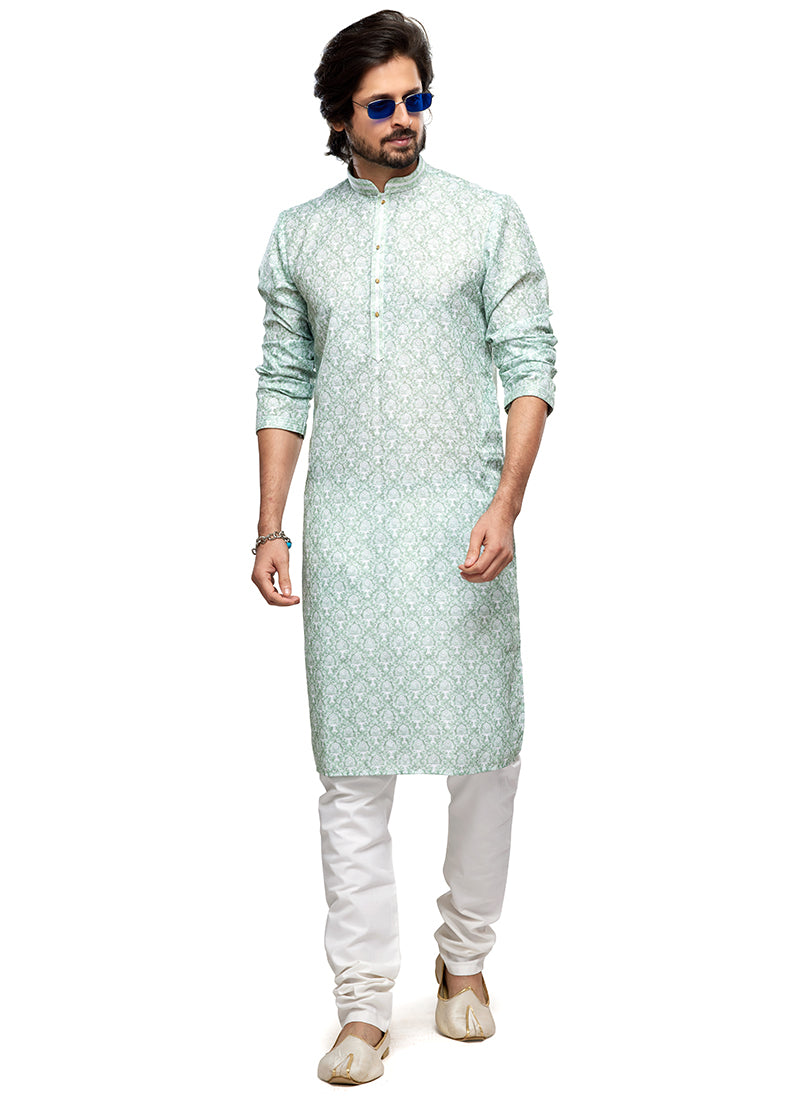 Light Green Cotton Party Wear Thread Work Readymade Mens Kurta Pajama 338259
