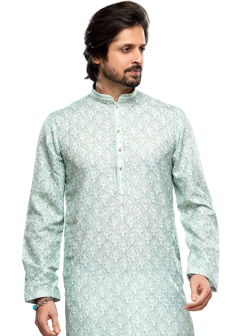 Light Green Cotton Party Wear Thread Work Readymade Mens Kurta Pajama 338259