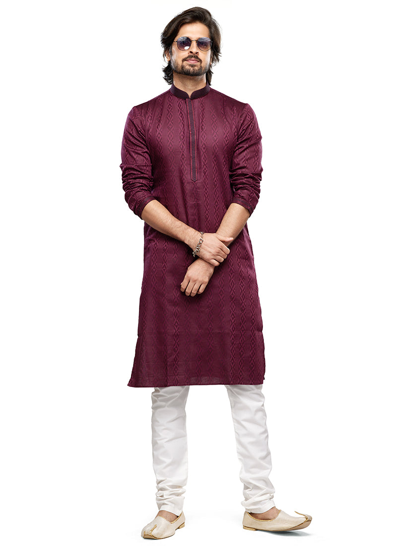 Wine Art Silk Party Wear Thread Work Readymade Mens Kurta Pajama 338261