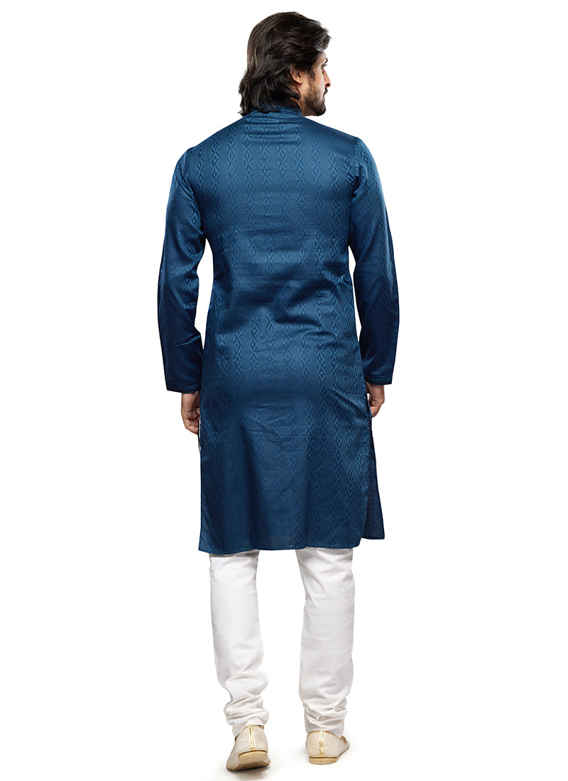 Blue Art Silk Party Wear Thread Work Readymade Mens Kurta Pajama 338262