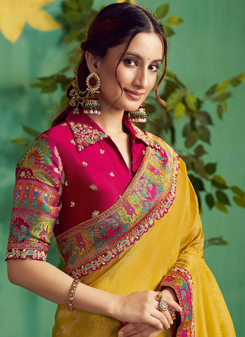 Silk Yellow Wedding Wear Embroidery Work Saree 387117