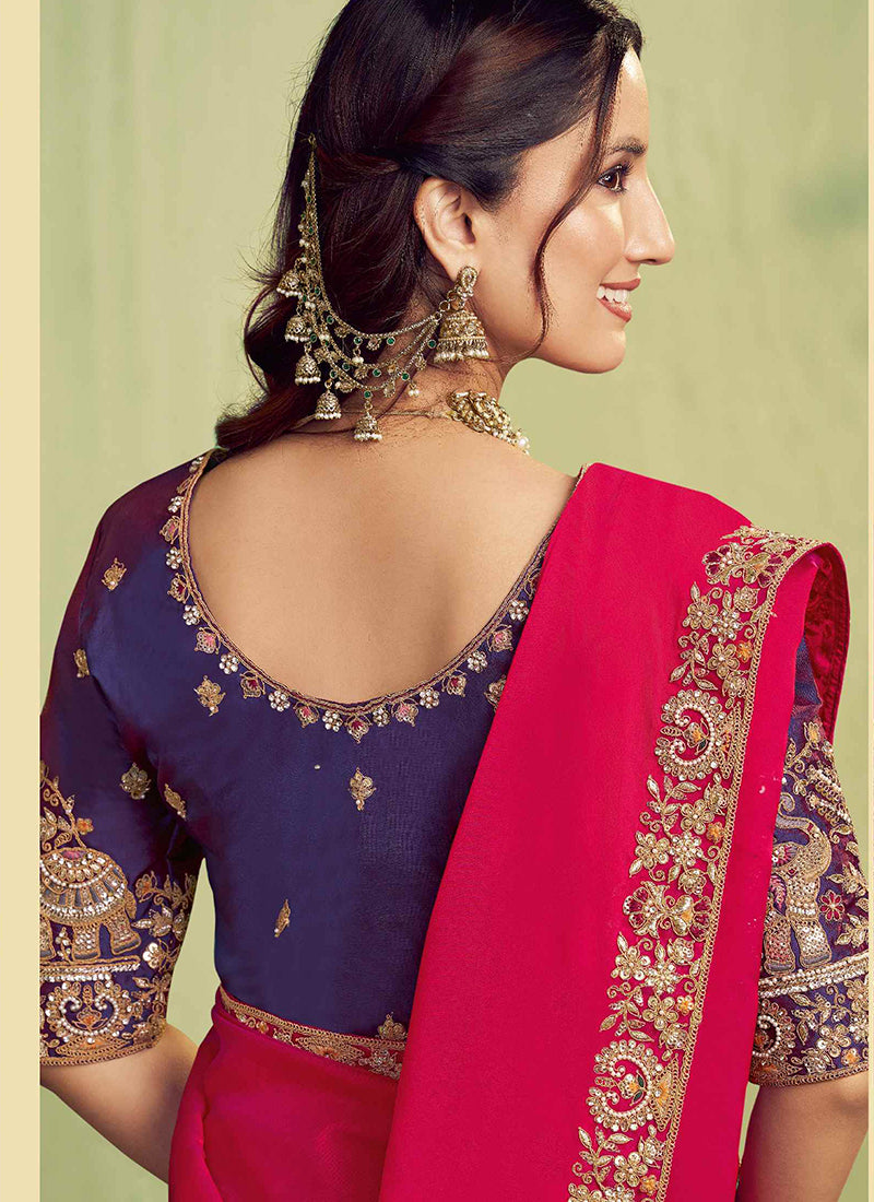 Satin Hot Pink Wedding Wear Embroidery Work Saree 387121