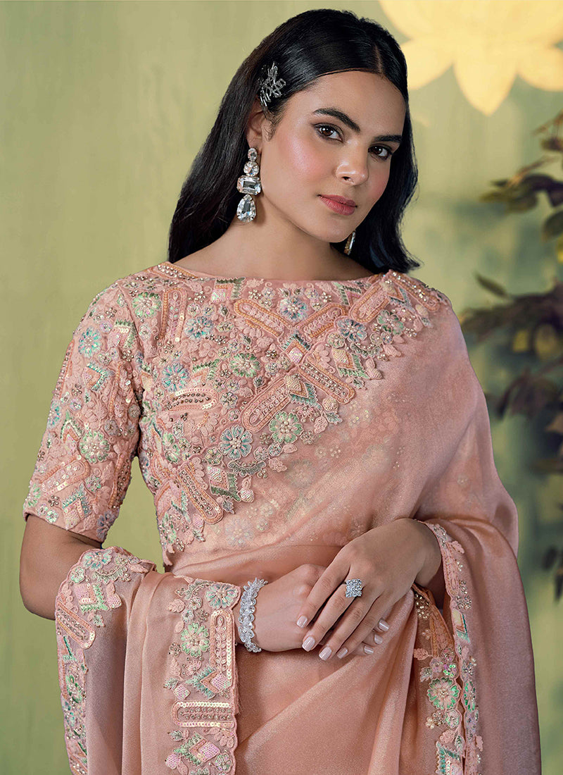 Glass Tissue Peach Wedding Wear Embroidery Work Saree 387127