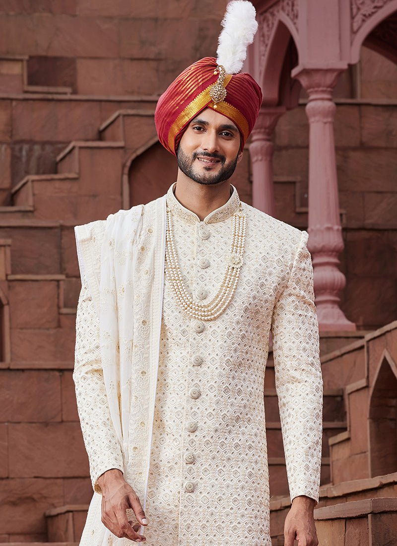 Cream Art Silk Wedding Wear Embroidery Work Readymade Mens Sherwani 334157