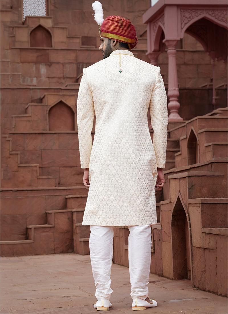 Cream Art Silk Wedding Wear Embroidery Work Readymade Mens Sherwani 334157