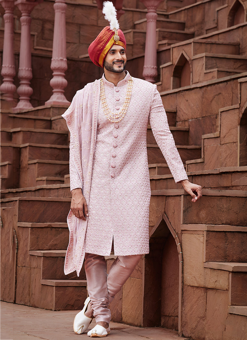 Onion Pink Art Silk Wedding Wear Embroidery Work Readymade Mens Sherwani 334158