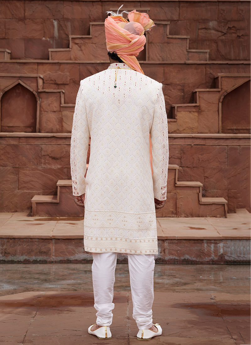 Cream Art Silk Wedding Wear Embroidery Work Readymade Mens Sherwani 334159
