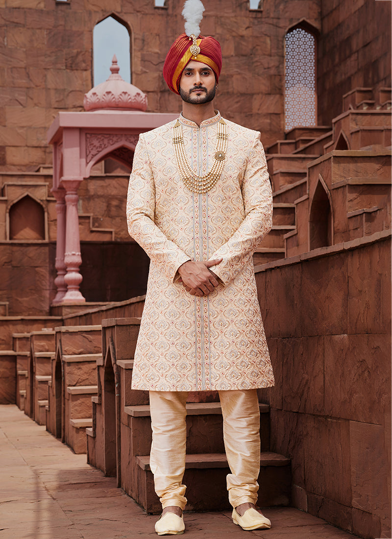 Gold Art Silk Wedding Wear Embroidery Work Readymade Mens Sherwani 334164