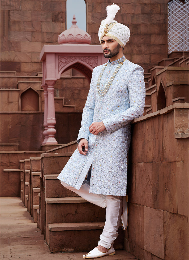 Sky Blue Art Silk Wedding Wear Embroidery Work Readymade Mens Sherwani 334165