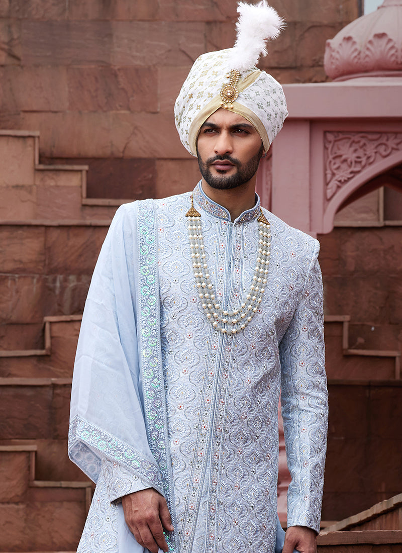Sky Blue Art Silk Wedding Wear Embroidery Work Readymade Mens Sherwani 334165