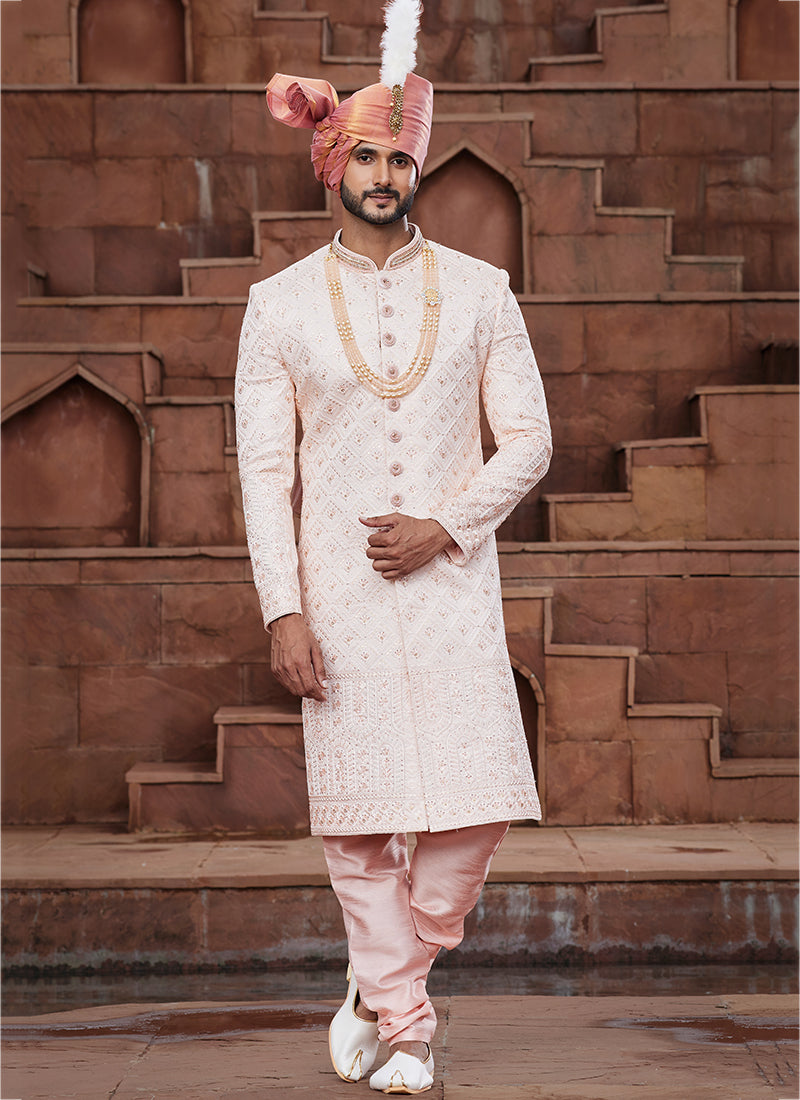 Peach Art Silk Wedding Wear Embroidery Work Readymade Mens Sherwani 334166