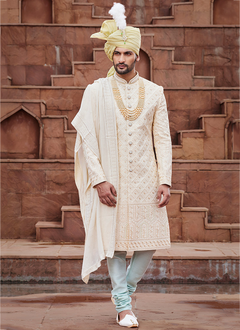 Cream Art Wedding Party Wear Embroidery Work Readymade Mens Sherwani 334167