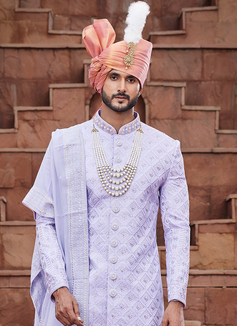Sky Blue Art Silk Wedding Wear Embroidery Work Readymade Mens Sherwani 334168