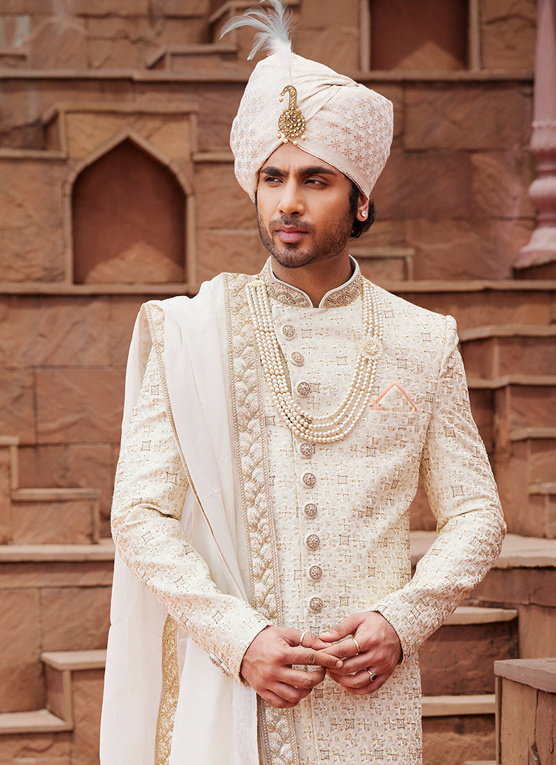 Cream Art Silk Wedding Wear Embroidery Work Readymade Mens Sherwani 334169