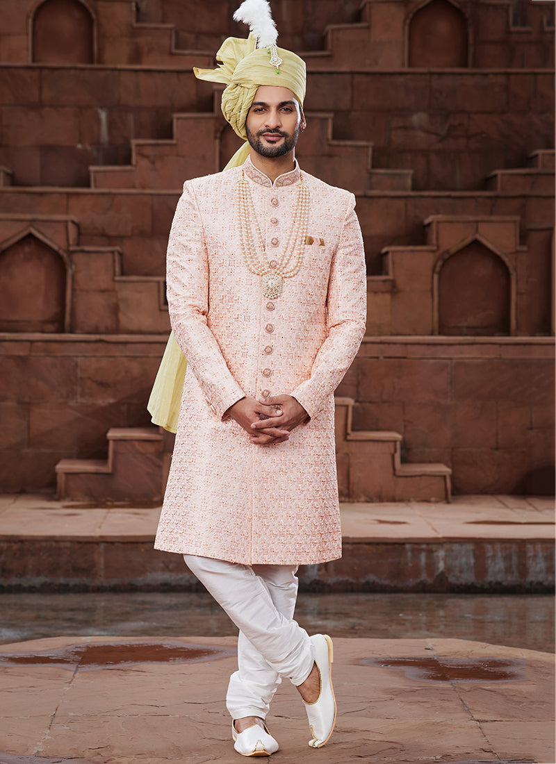 Cream Art Silk Wedding Wear Embroidery Work Readymade Mens Sherwani 334170