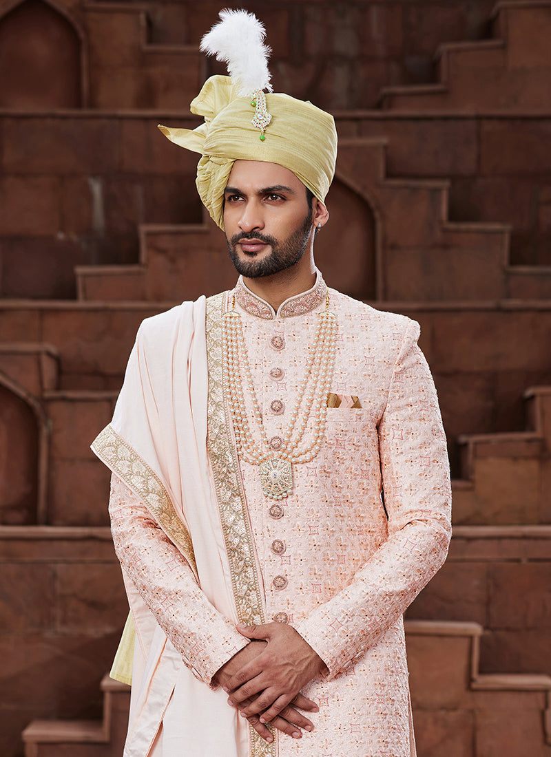 Cream Art Silk Wedding Wear Embroidery Work Readymade Mens Sherwani 334170