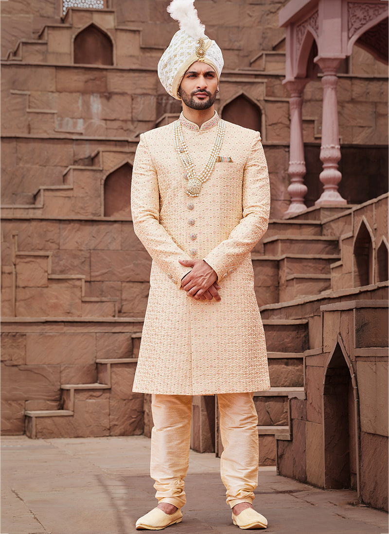 Gold Art Silk Wedding Wear Embroidery Work Readymade Mens Sherwani 334172