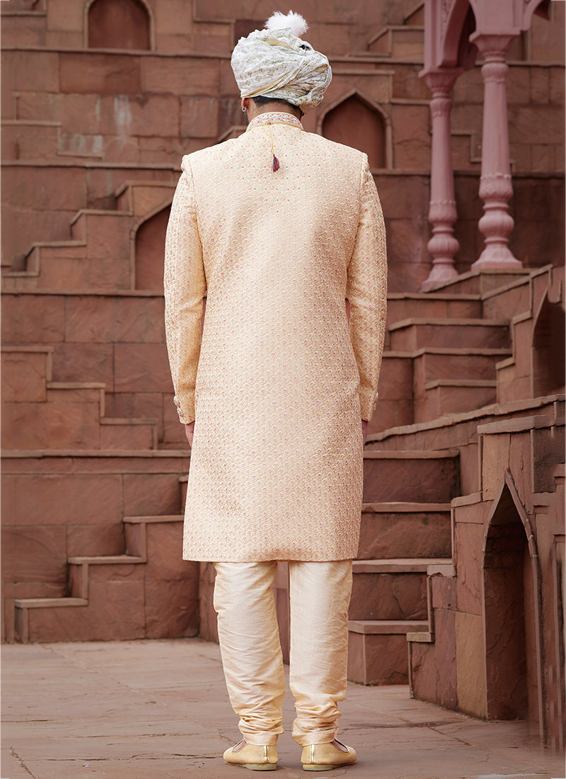 Gold Art Silk Wedding Wear Embroidery Work Readymade Mens Sherwani 334172