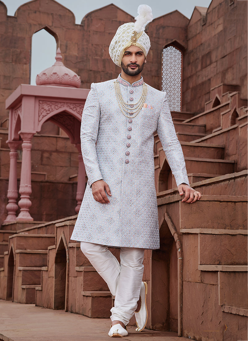 Sky Blue Art Silk Wedding Wear Embroidery Work Readymade Mens Sherwani 334173