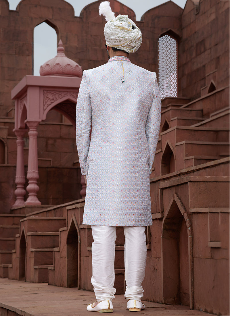 Sky Blue Art Silk Wedding Wear Embroidery Work Readymade Mens Sherwani 334173