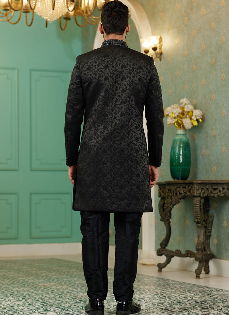 Black Jacquard Silk Wedding Wear Hand Work IndoWestern 329424