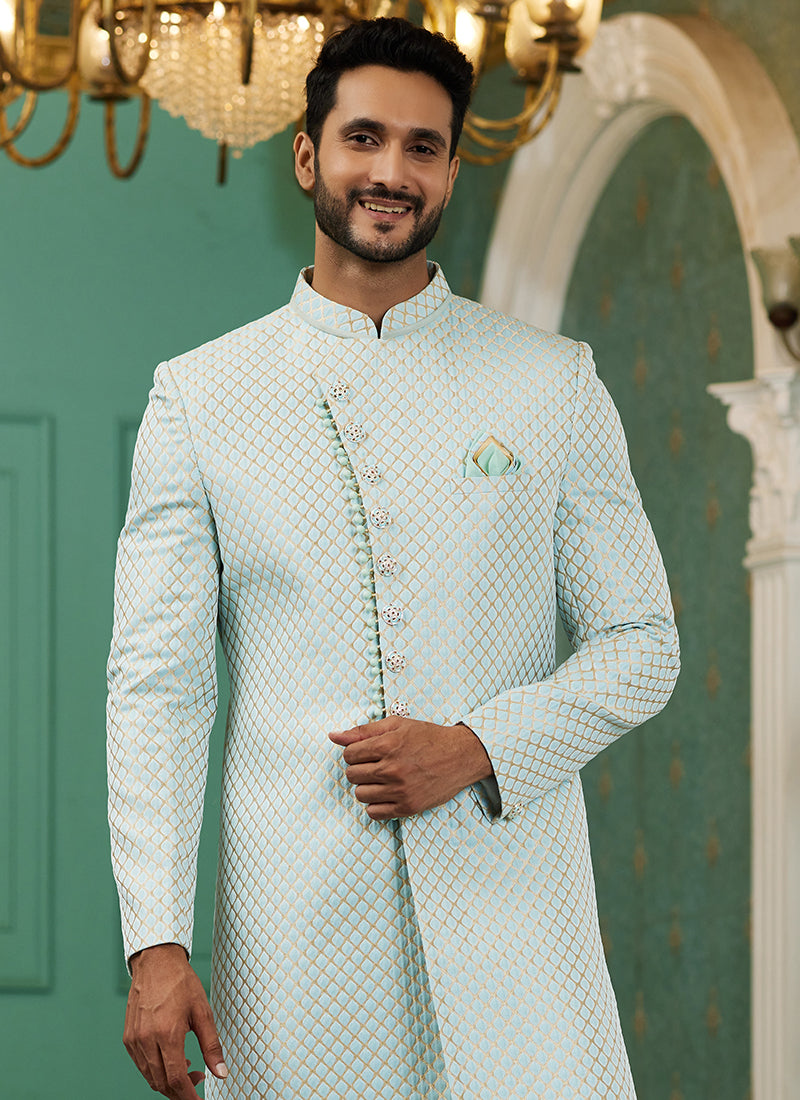 Sky Blue Jacquard Silk Wedding Wear Hand Work IndoWestern 329425