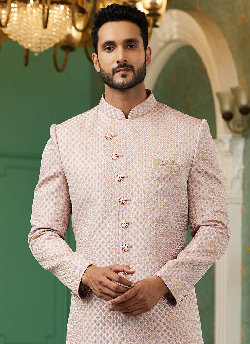 Onion Pink Jacquard Silk Wedding Wear Hand Work IndoWestern 329427