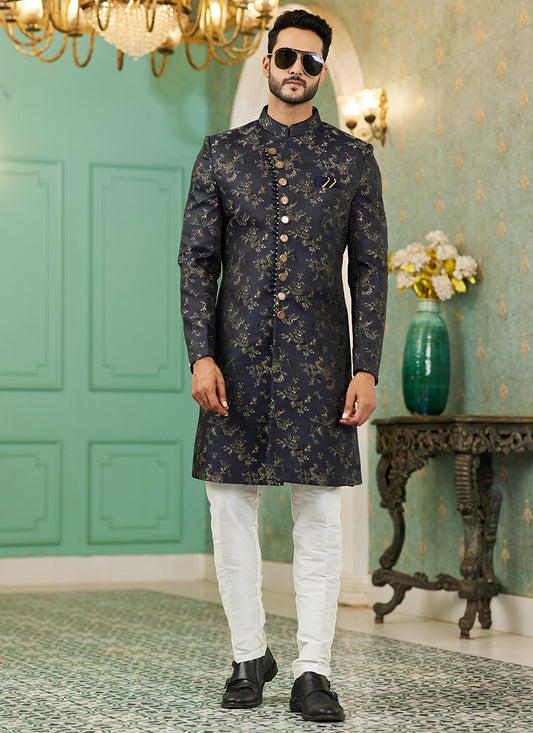 Black Jacquard Silk Wedding Wear Hand Work IndoWestern 329430