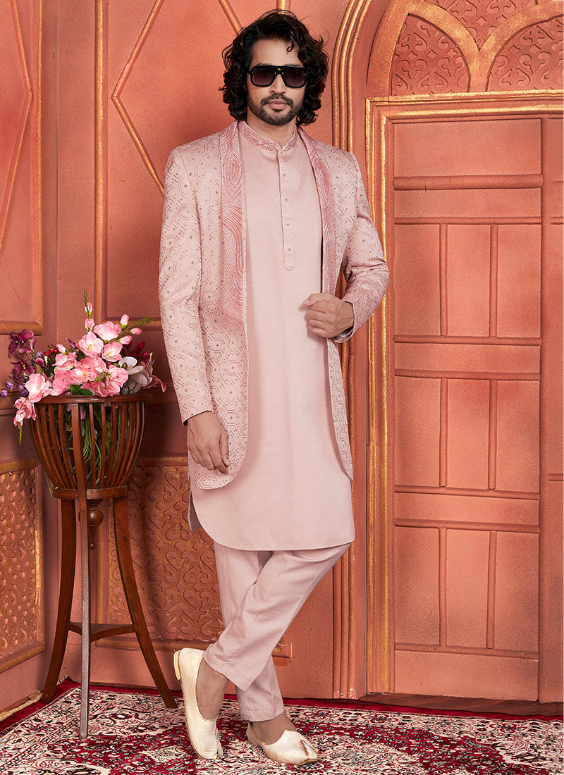 Art Silk Peach Wedding Wear Computer Thread Work 3 Pcs Jacket Set 345800