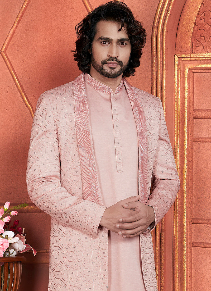 Art Silk Peach Wedding Wear Computer Thread Work 3 Pcs Jacket Set 345800