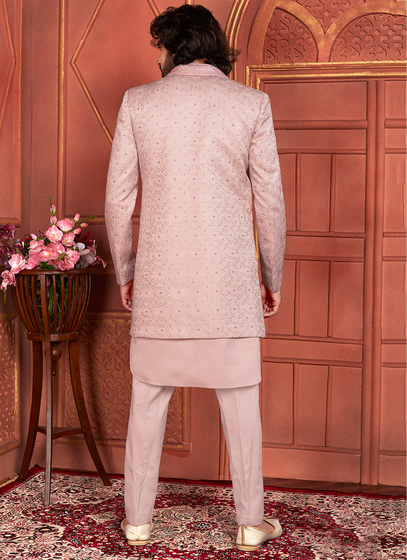 Art Silk Peach Wedding Wear Computer Thread Work 3 Pcs Jacket Set 345800