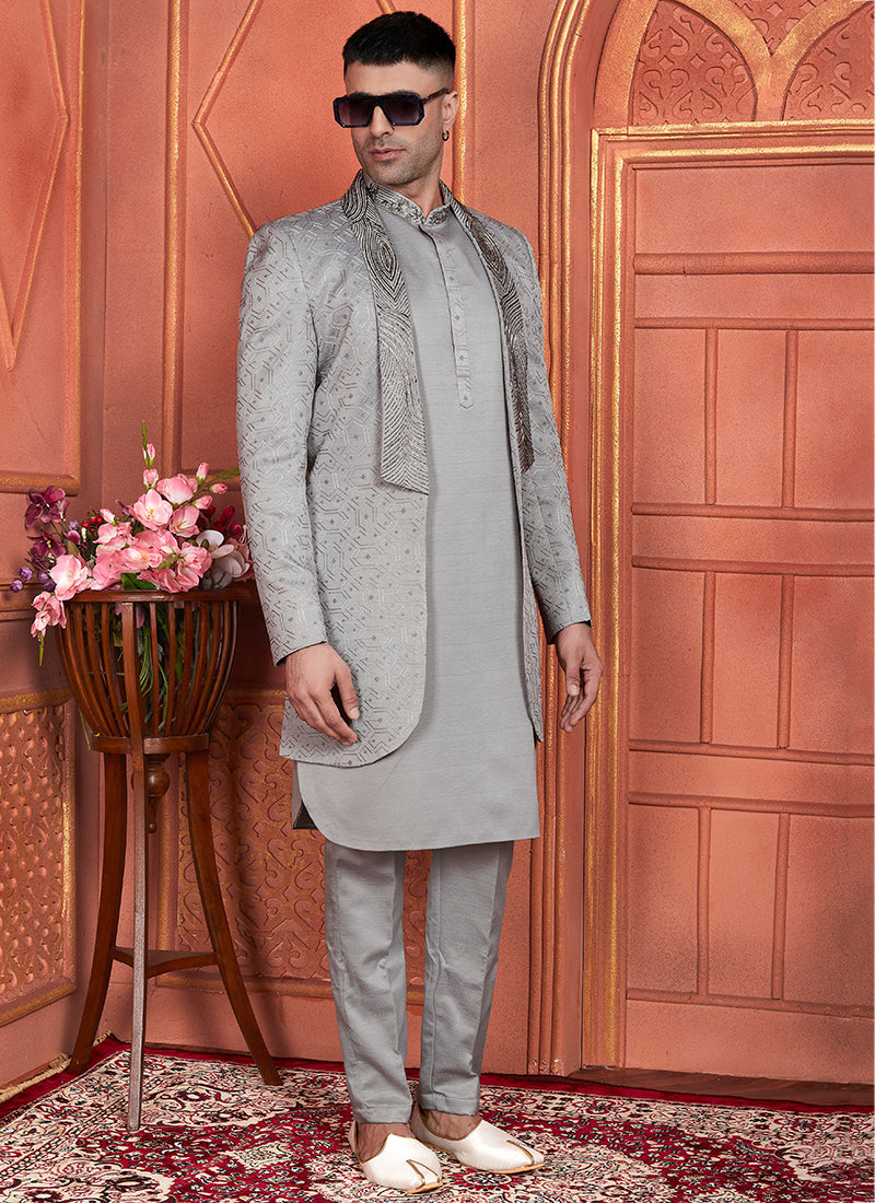 Art Silk Grey Wedding Wear Computer Thread Work 3 Pcs Jacket Set 345801