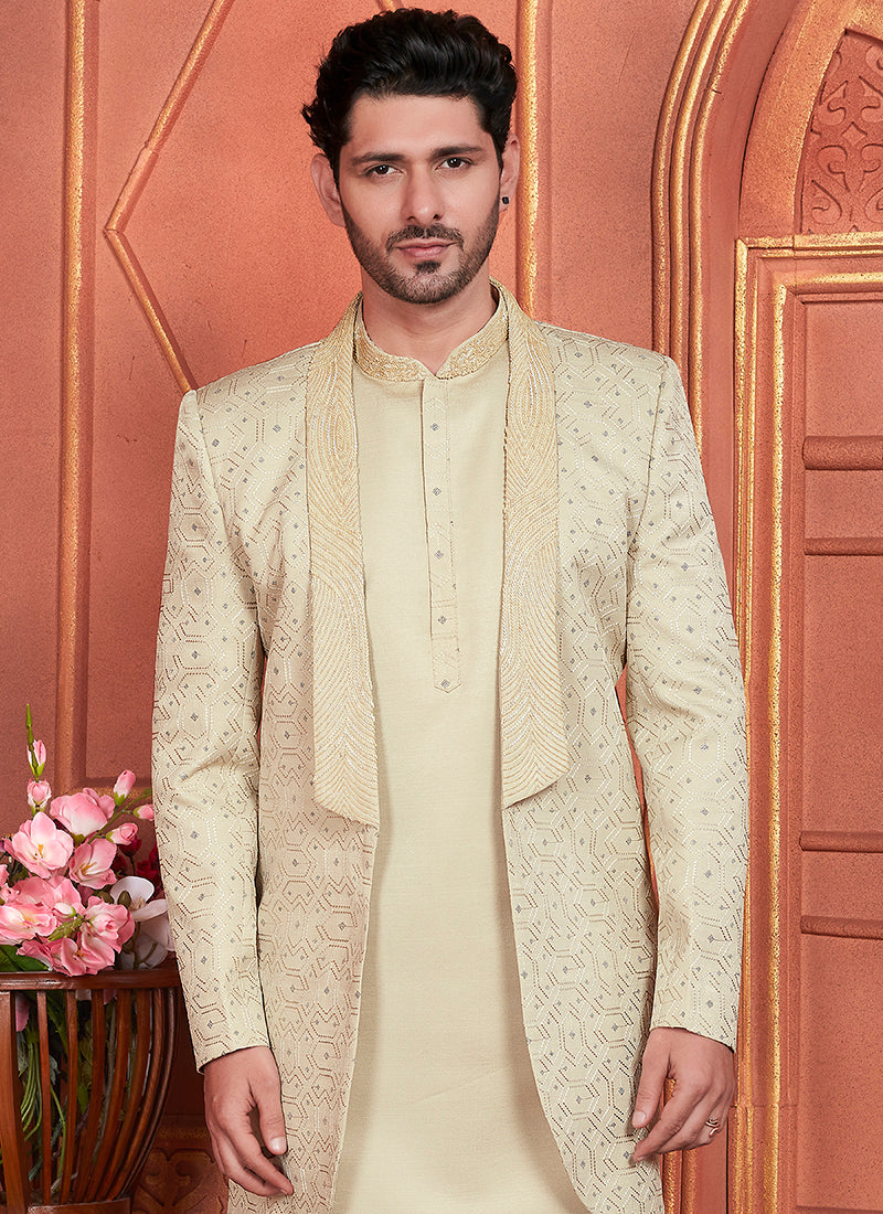 Art Silk Pista Green Wedding Wear Computer Thread Work 3 Pcs Jacket Set 345802