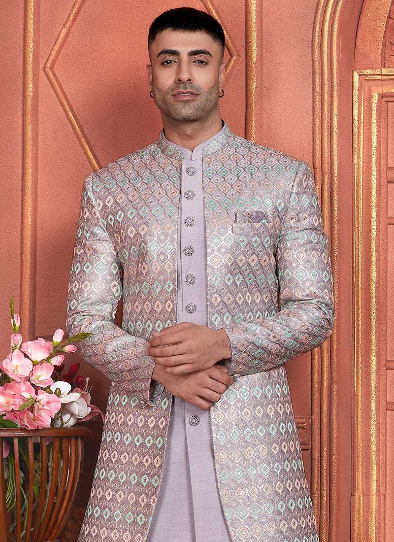 Art Silk Light Purple Wedding Wear Computer Thread Work 2 Pcs Attach Jacket Set 345803