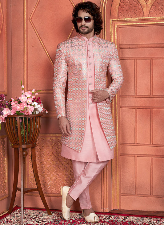 Art Silk Pink Wedding Wear Computer Thread Work 2 Pcs Attach Jacket Set 345805