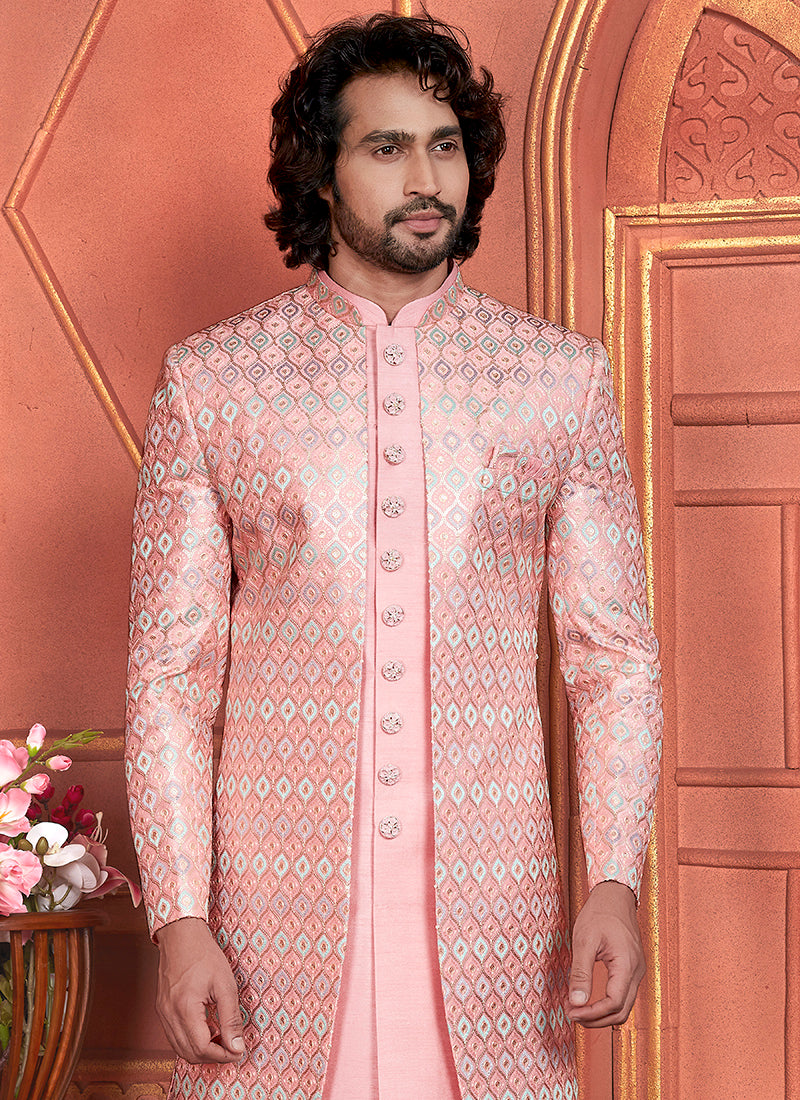 Art Silk Pink Wedding Wear Computer Thread Work 2 Pcs Attach Jacket Set 345805