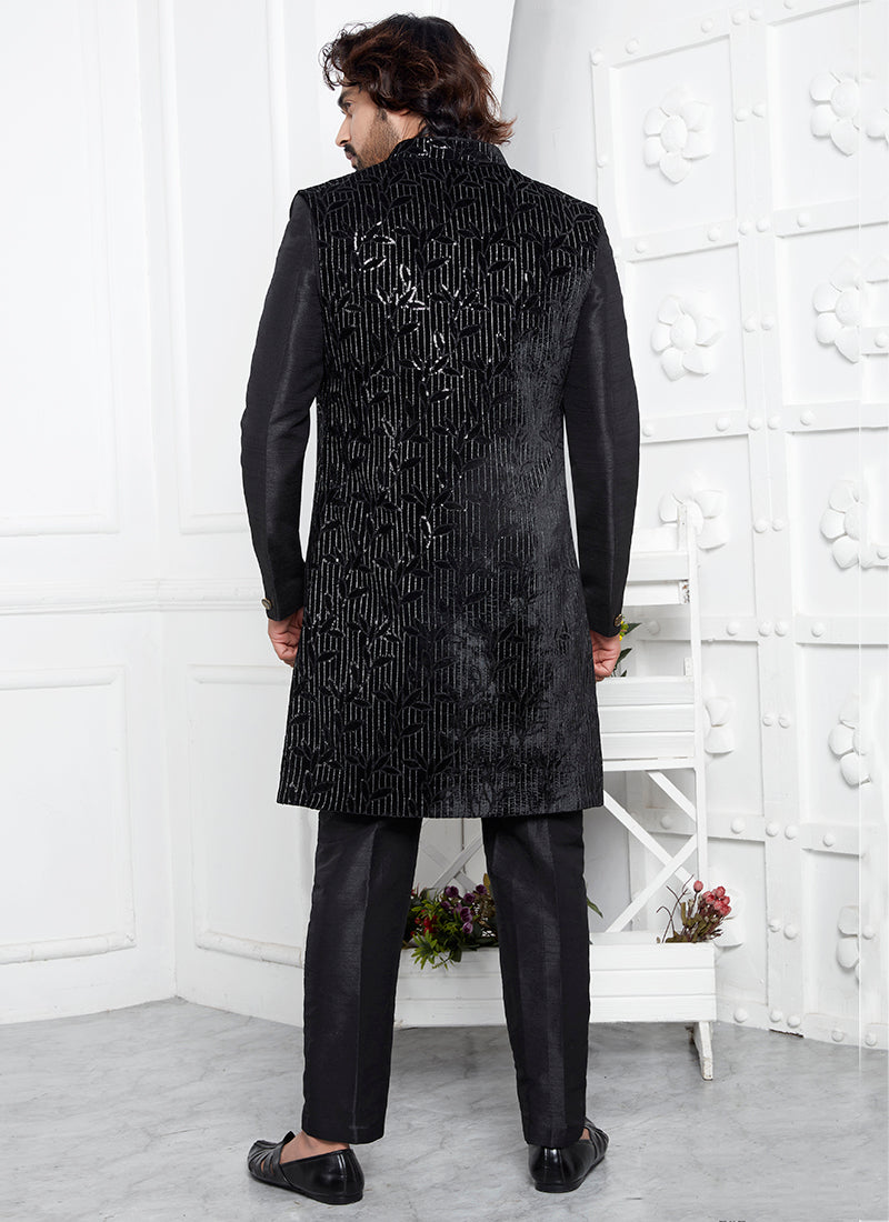 Art Silk Black Wedding Wear Pattern Pc Readymade Sherwani 352545