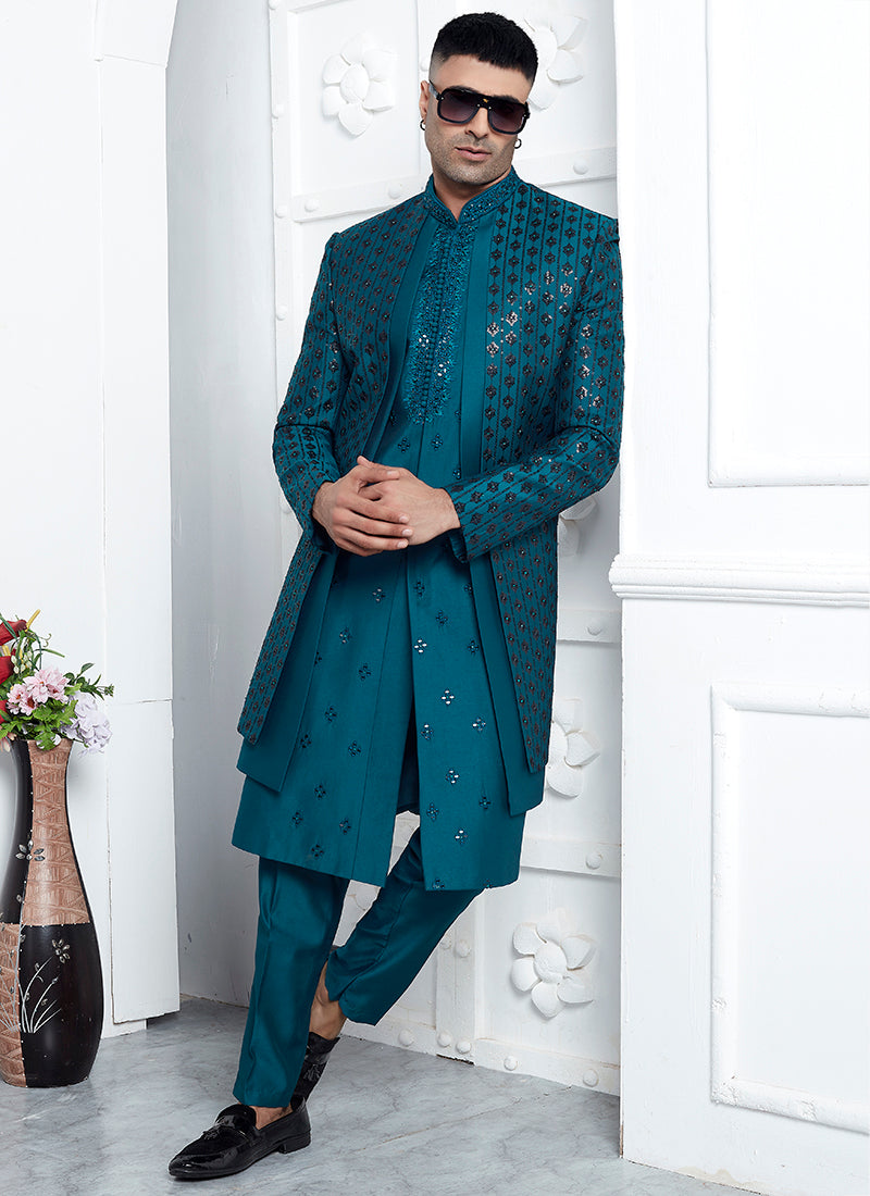 Art Silk Teal Blue Wedding Wear Embroidery Work Readymade Sherwani 352547