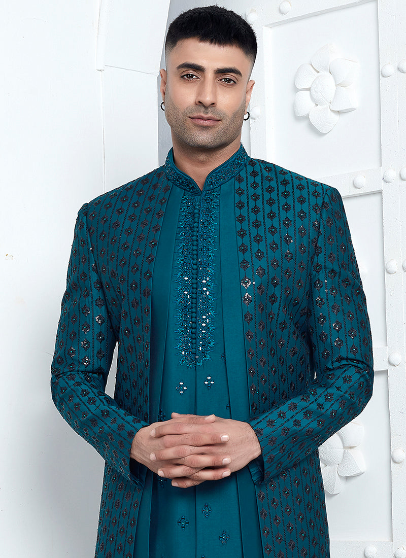 Art Silk Teal Blue Wedding Wear Embroidery Work Readymade Sherwani 352547