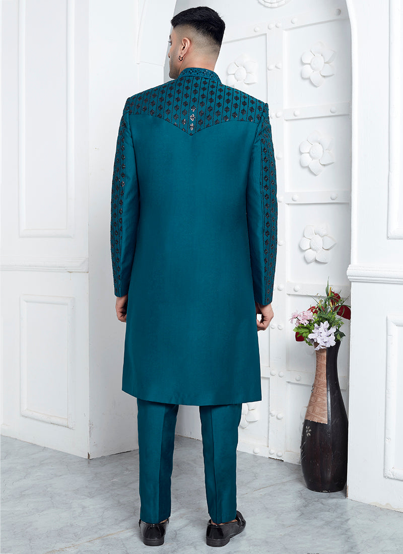 Art Silk Teal Blue Wedding Wear Embroidery Work Readymade Sherwani 352547