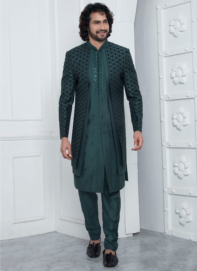 Art Silk Green Wedding Wear Embroidery Work Readymade Sherwani 352548